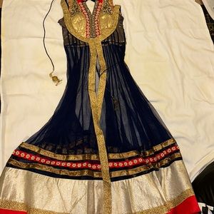 Navy blue and gold indian long suit with pants and chuni